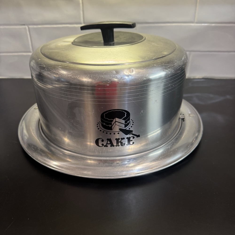 West Bend Cake Carrier Aluminum Cover Black Handle Locks 1950's Vintage